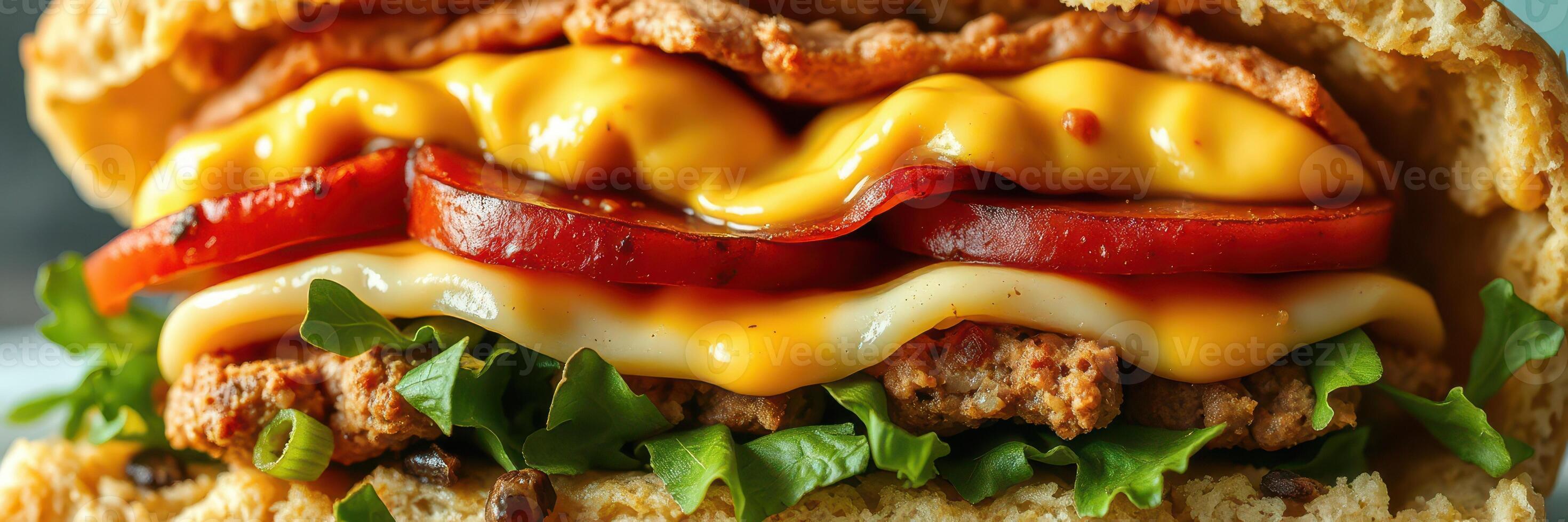 Delicious layered sandwich with crispy chicken, cheese, and fresh vegetables served on a warm bun photo