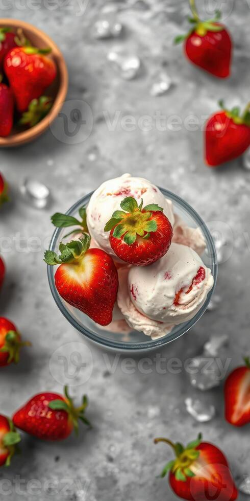 Delicious ice cream dessert topped with fresh strawberries on a gray countertop surrounded by more strawberries photo