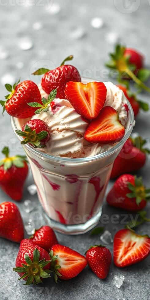 Delicious dessert featuring ice cream topped with fresh strawberries on a textured surface photo