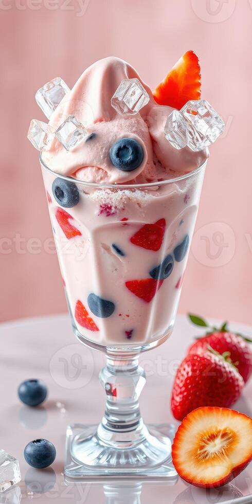 Creamy dessert served in a glass filled with fresh strawberries and blueberries topped with ice cubes photo