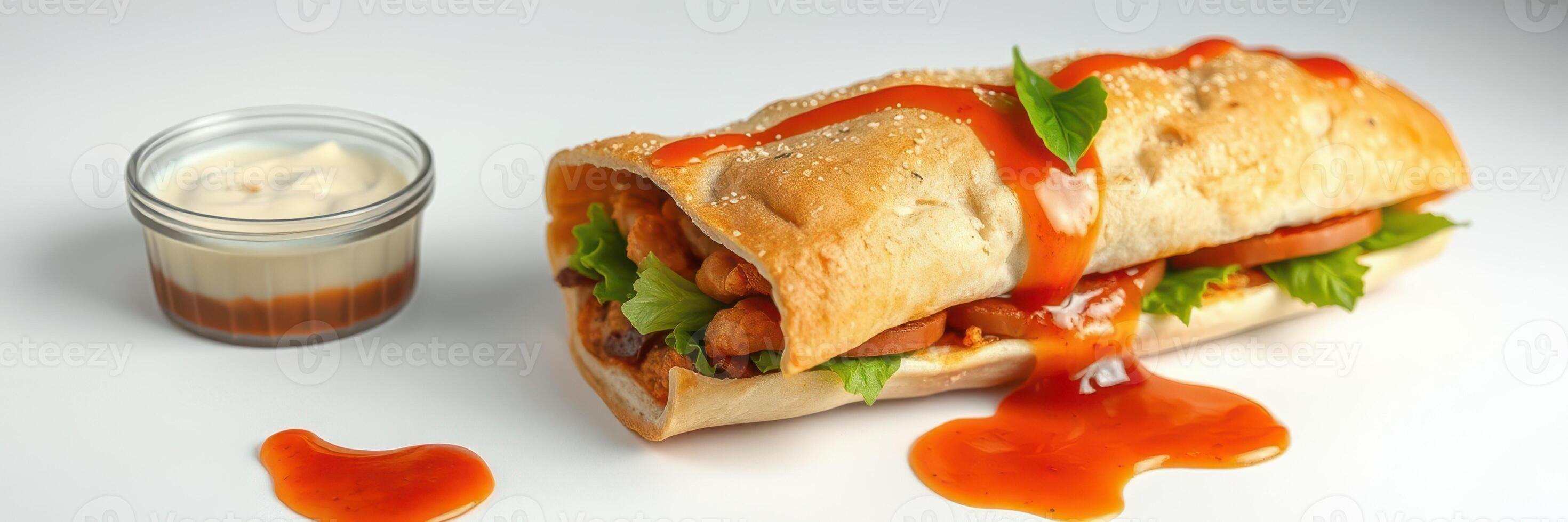 Delicious sandwich filled with fresh ingredients and spicy sauce served with a dipping sauce photo