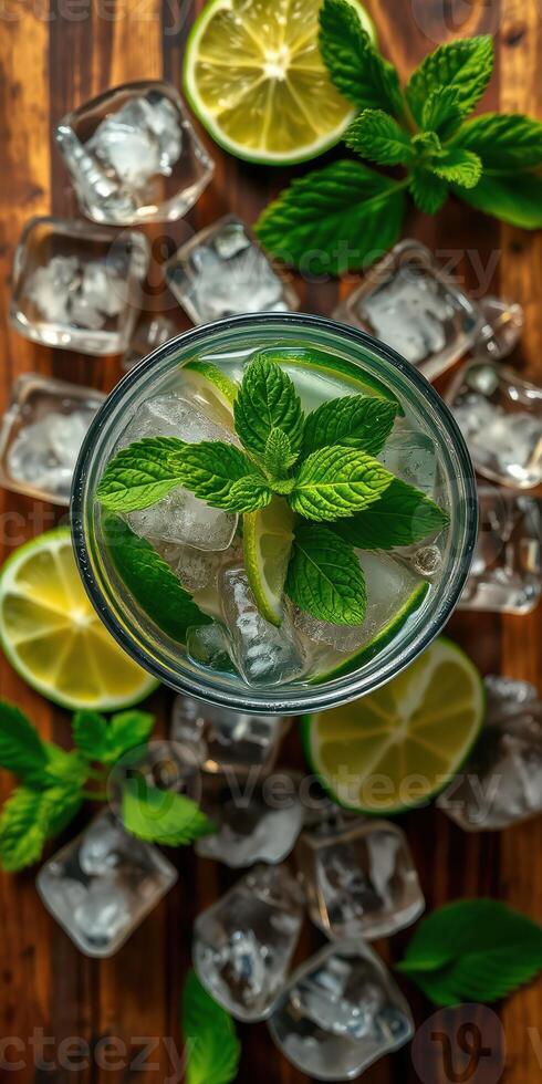 Refreshing mint lime beverage with ice on a wooden table garnished with fresh mint leaves photo