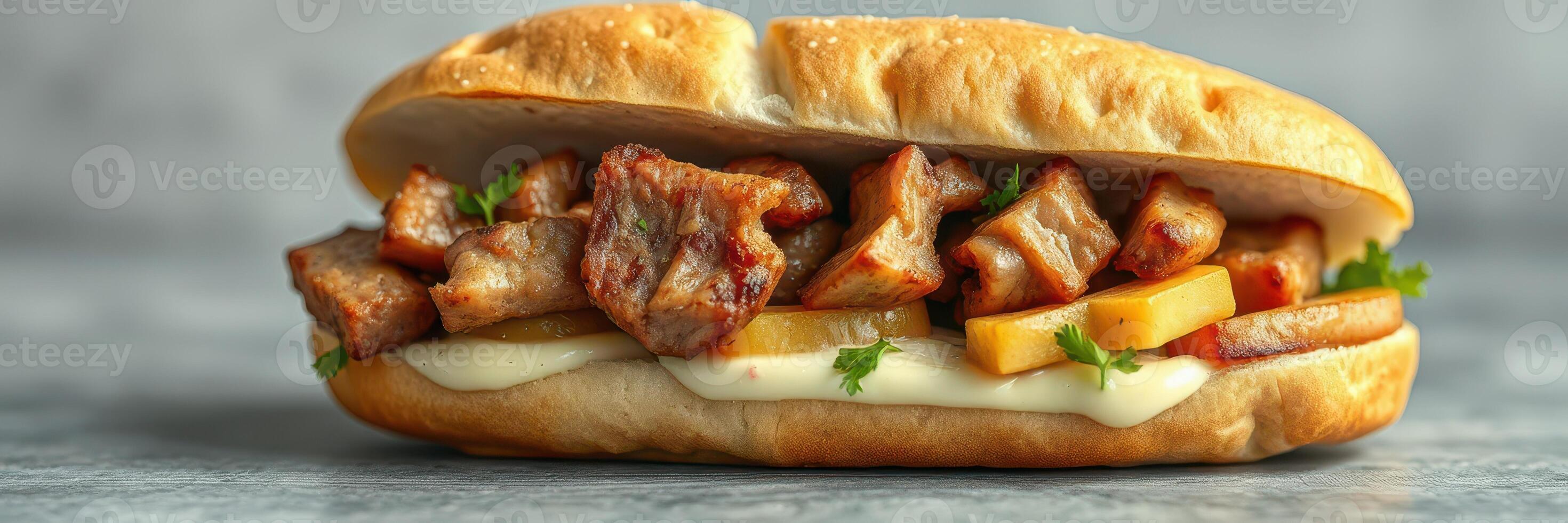 Delicious sandwich with grilled meat and fresh vegetables served on a soft bun at a casual eatery photo