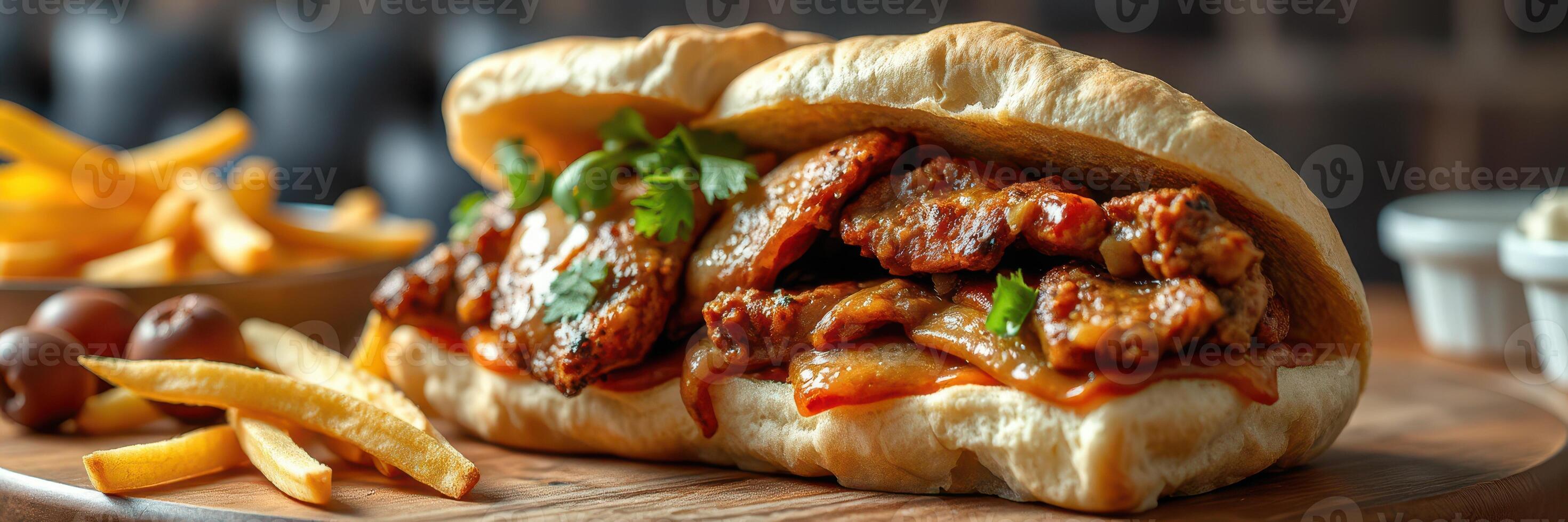 Savory sandwich with grilled chicken and fries served at a casual dining restaurant during lunchtime photo
