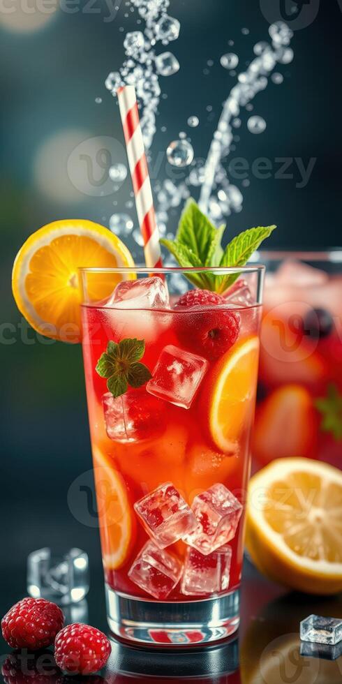 Refreshing summer beverage with fresh fruits and mint served in a tall glass photo