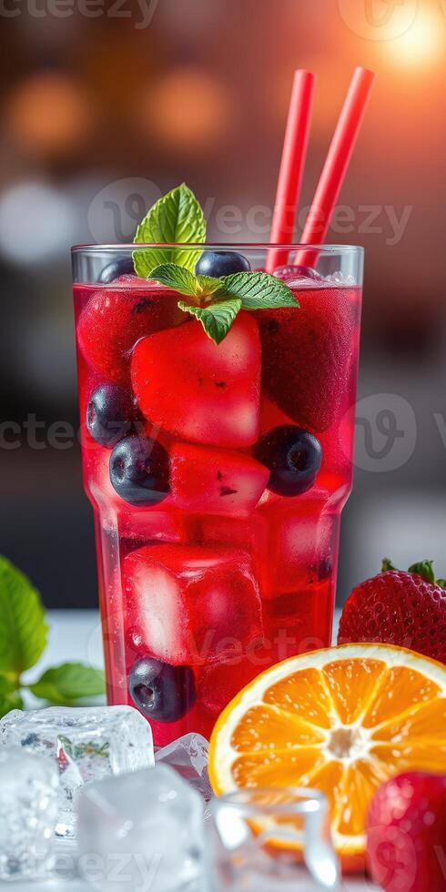 Refreshing summer beverage with berries and citrus served in a tall glass photo