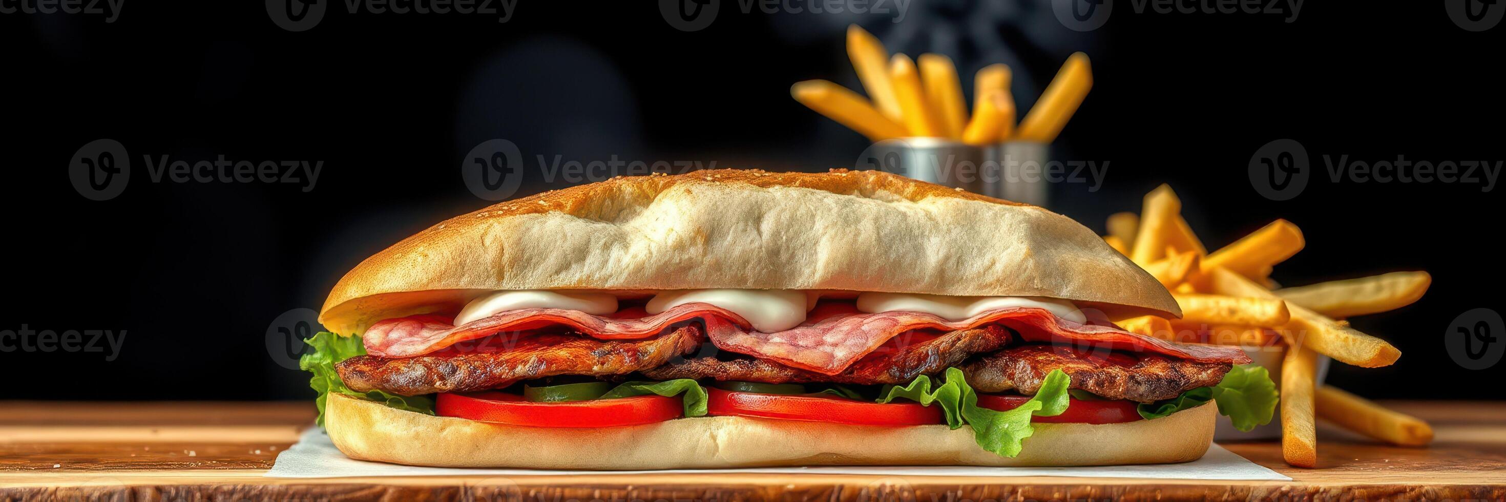Delicious sandwich with meats, vegetables, and fries served on a wooden table with a dark background photo