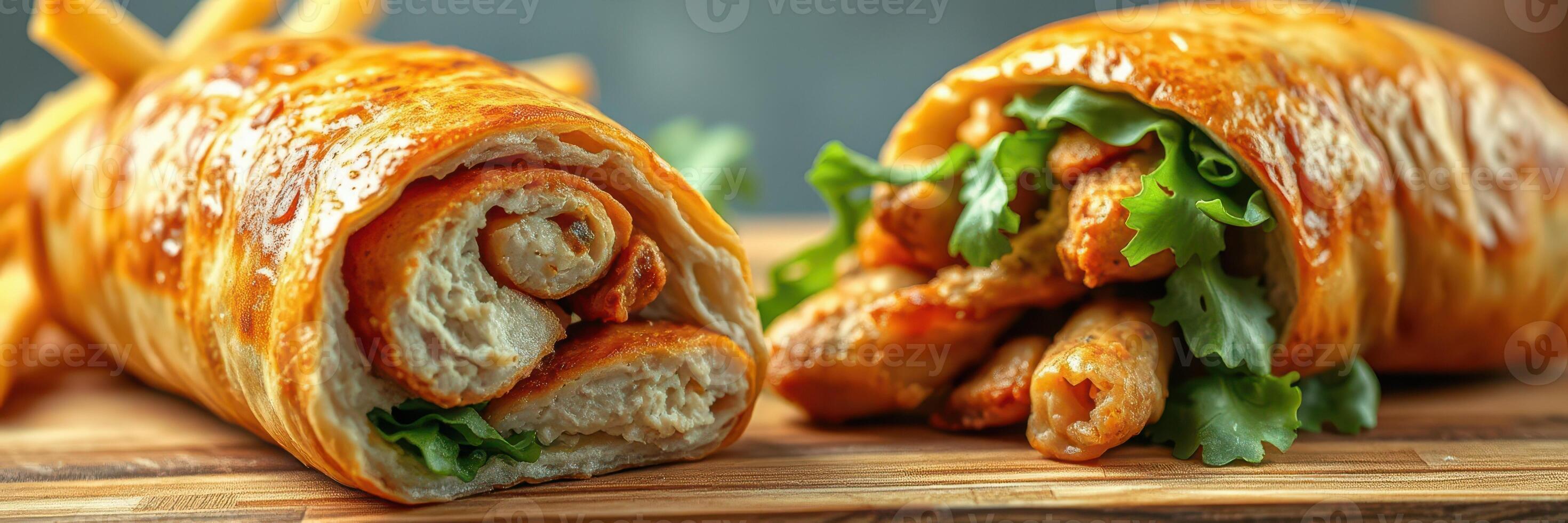Delicious chicken wraps served with crispy fries on a wooden board in a cozy dining setting photo