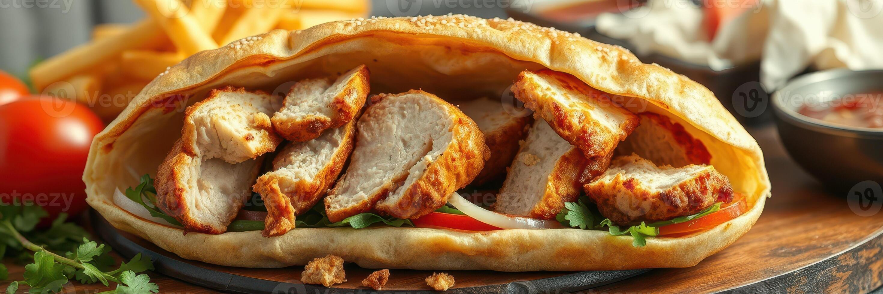 Delicious sandwich filled with crispy chicken strips served with fries and fresh vegetables photo