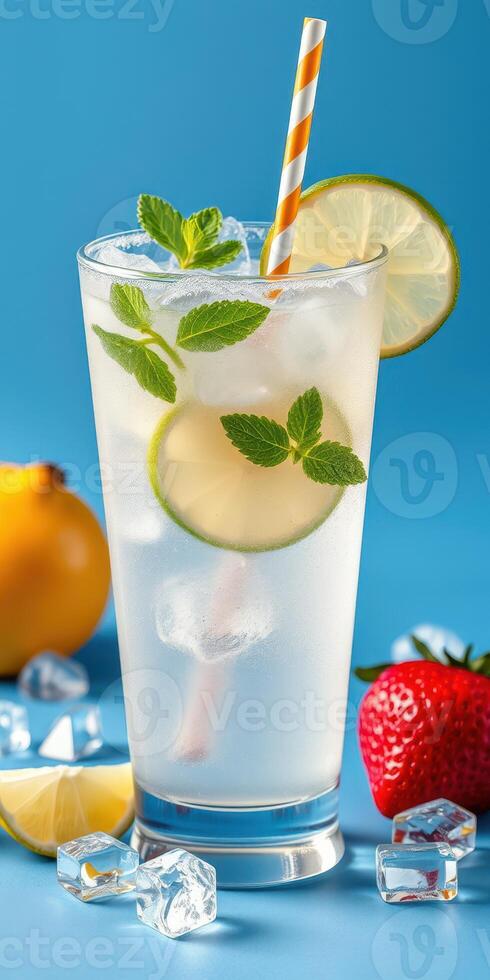 Refreshing citrus drink served in a clear glass with mint, ice, and fresh fruits on a blue background photo