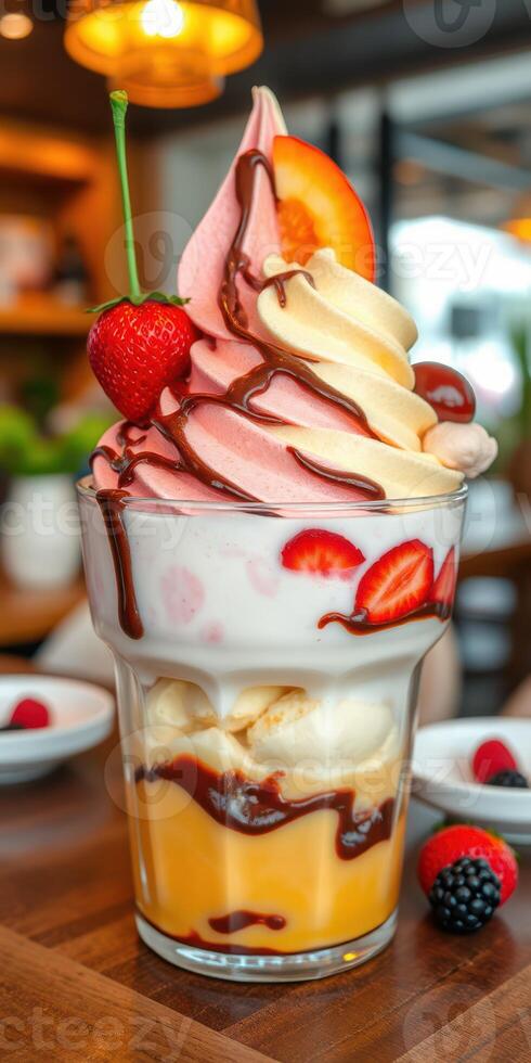 Indulge in a colorful dessert with layers of ice cream, fresh fruit, and chocolate drizzle at a cozy cafe photo