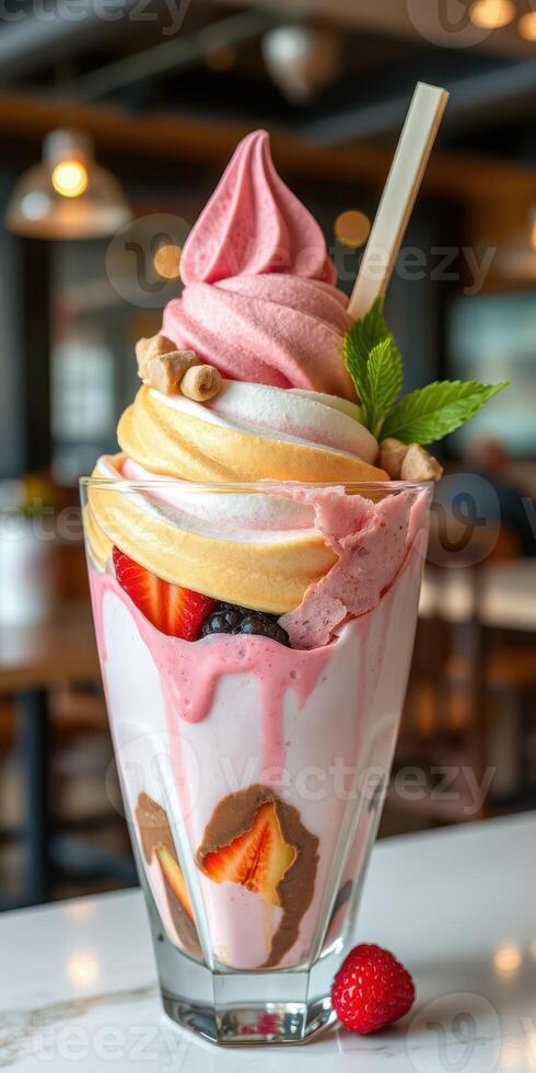 Delicious layered soft serve dessert with strawberries, blueberries, and whipped topping in a modern cafe setting photo