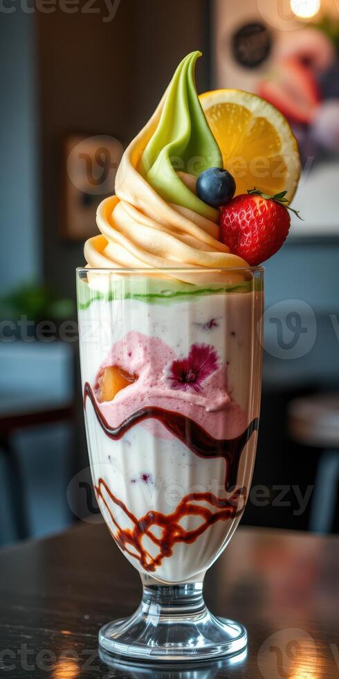 Delicious dessert with colorful soft serve topped with fruits served in a stylish glass at a modern cafe photo