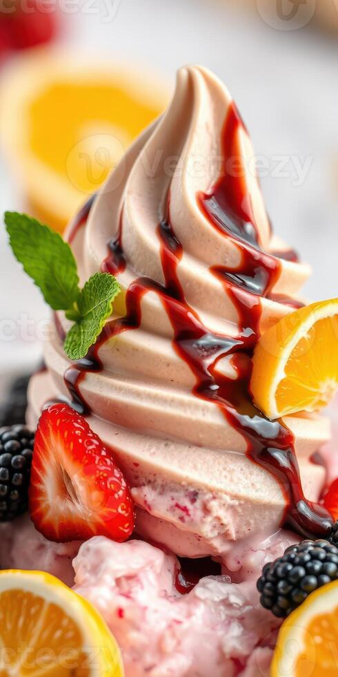 Delicious soft serve ice cream topped with fresh fruit and chocolate drizzle at a dessert shop photo