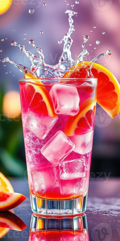 Refreshing citrus cocktail splashes with ice and orange slices on a vibrant background photo