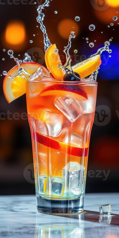 Refreshing fruit cocktail served in a tall glass with ice and splashes at a vibrant bar photo