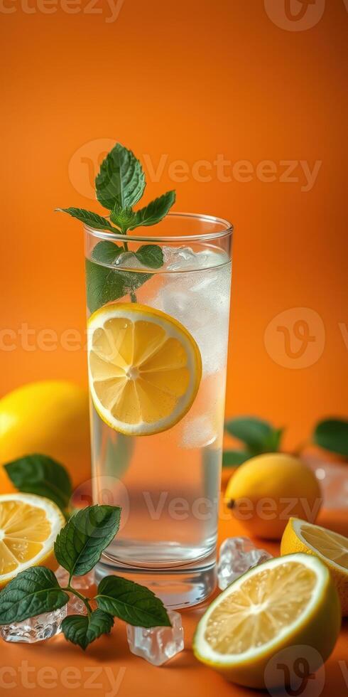 Refreshing lemon drink served with mint and ice in a vibrant orange setting photo