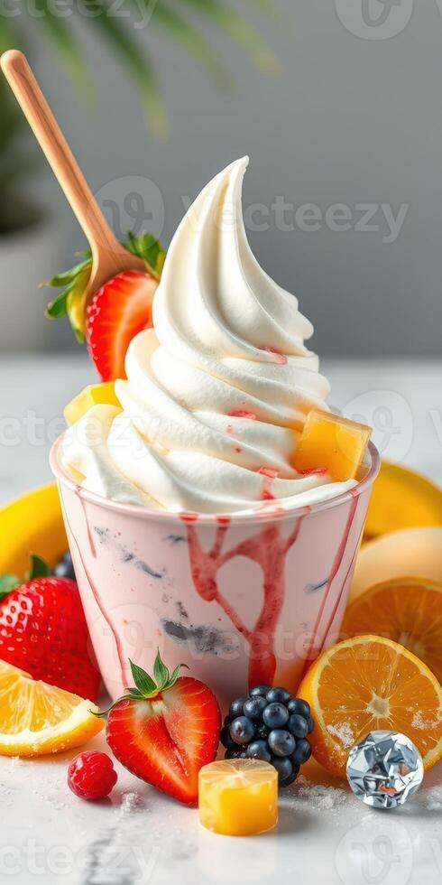 Delicious dessert featuring soft serve ice cream topped with fresh fruits and colorful syrup in a cozy setting photo