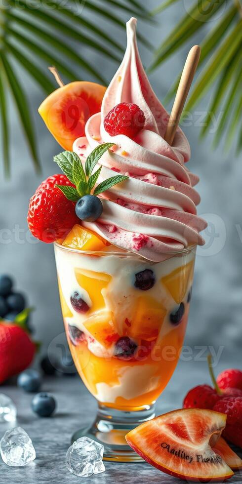 Delicious fruit dessert with whipped cream and fresh berries enjoyed at a tropical setting photo