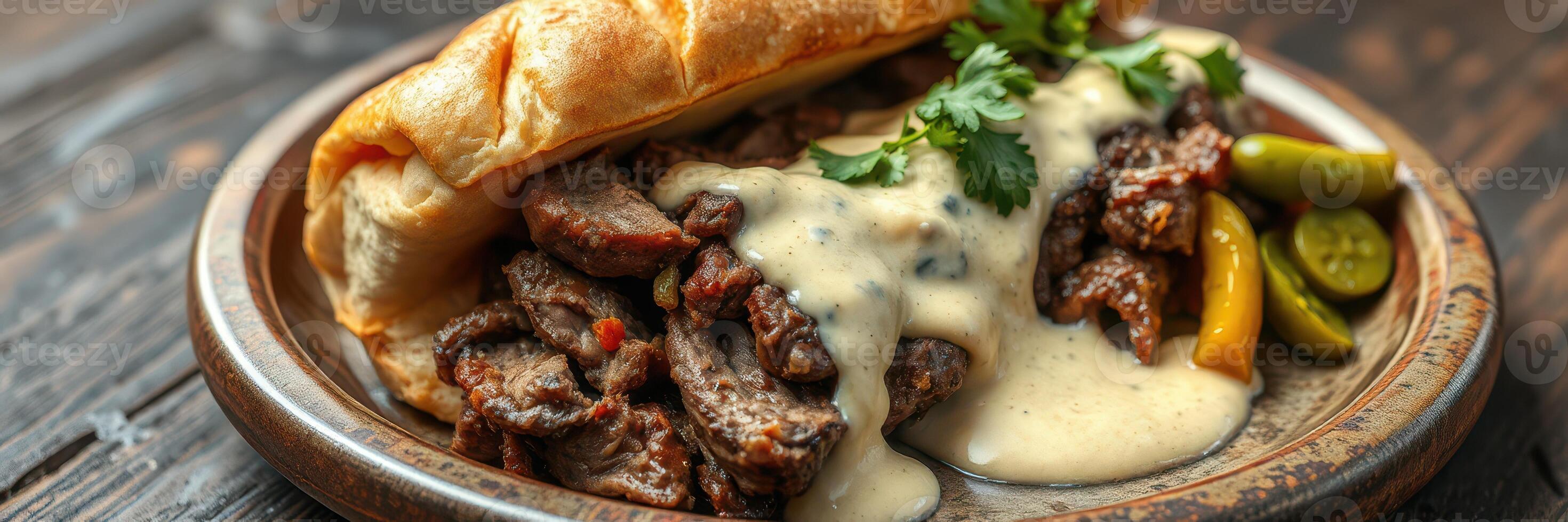 Delicious beef sandwich topped with creamy sauce and served with pickles on a rustic wooden table photo