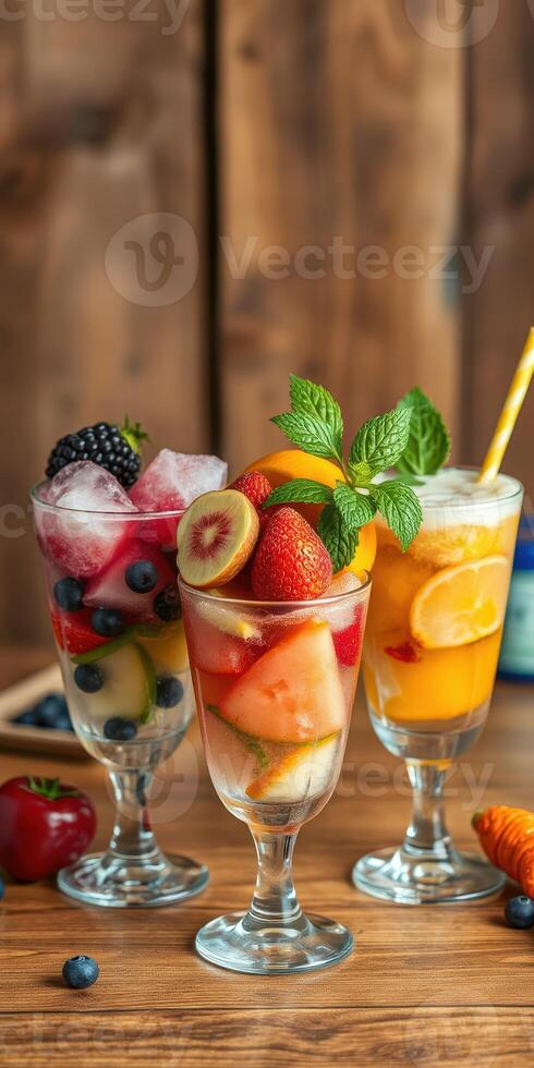 Refreshing fruit cocktails served in elegant glasses with vibrant colors on a wooden table photo