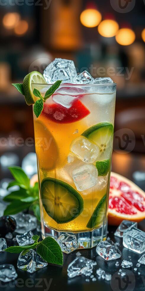 Refreshing beverage with aromatic herbs and fresh fruits served in a tall glass filled with ice cubes photo