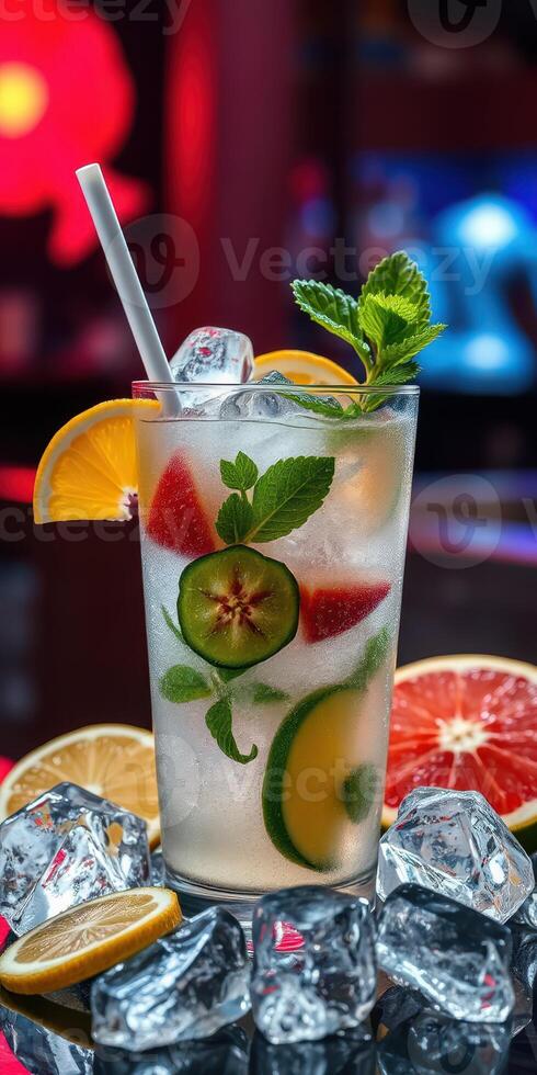 Refreshing summer cocktail with colorful fruits and mint in a bright bar setting photo