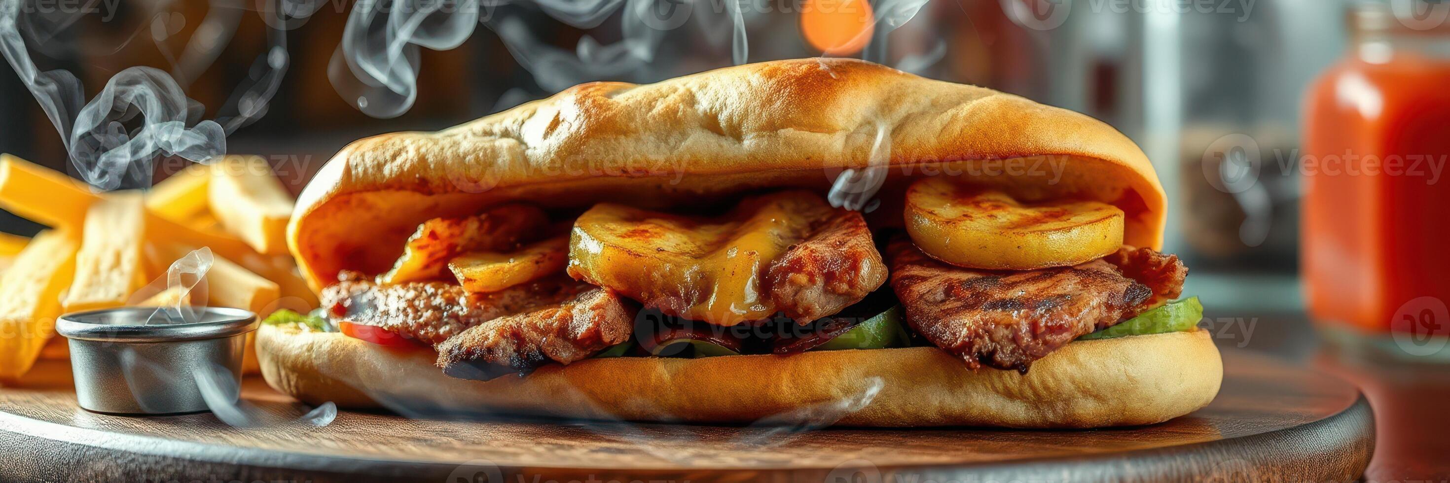 Delicious sandwich with grilled meat and fresh vegetables served with fries and sauce in a warm setting photo