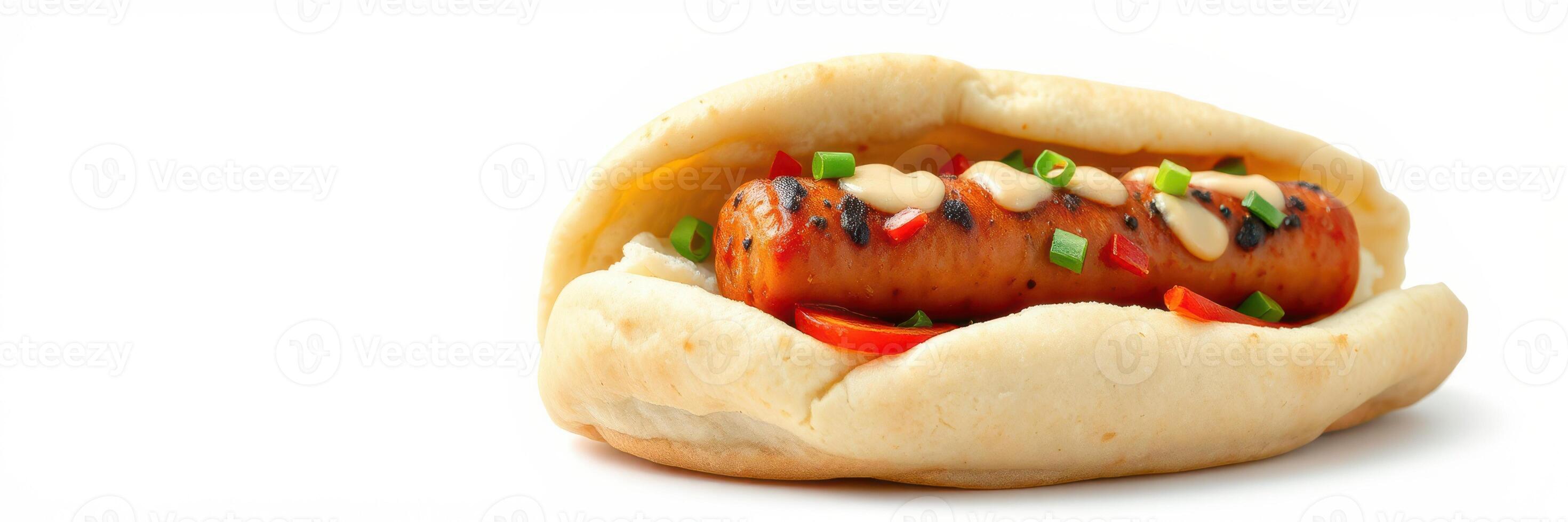Popular street food featuring a savory sausage in a soft bun topped with fresh vegetables and sauce photo