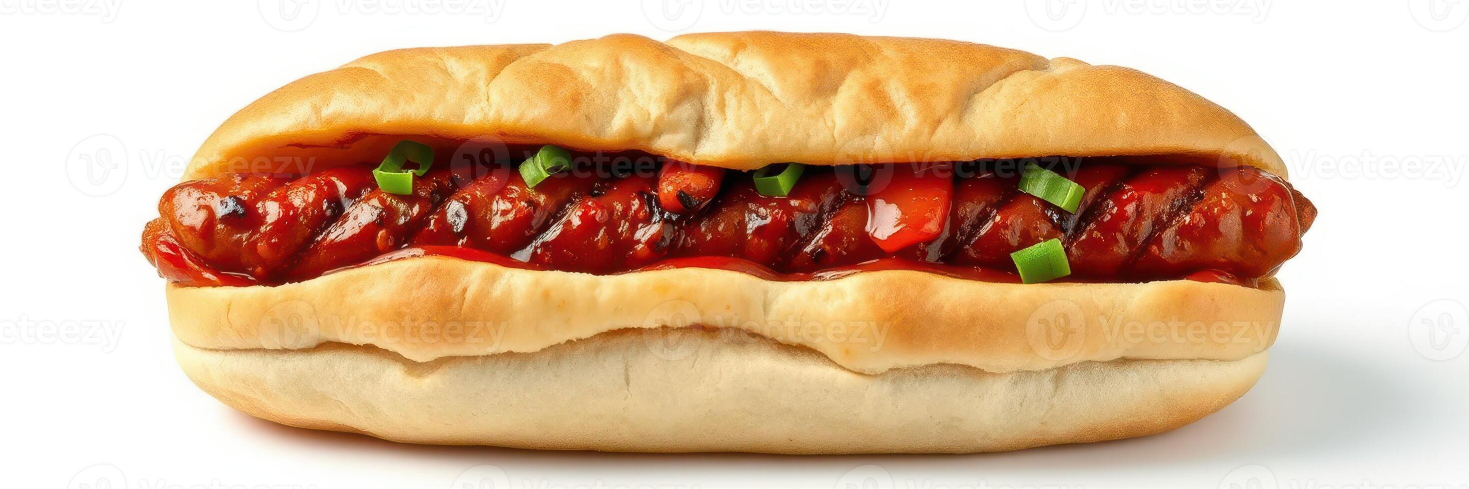 Juicy grilled sausage topped with fresh herbs in a soft bun ready for a summer picnic or backyard gathering photo