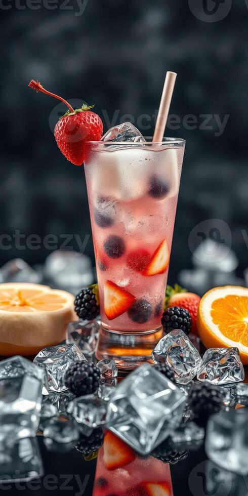 Refreshing summer beverage with fresh berries and citrus served over ice photo