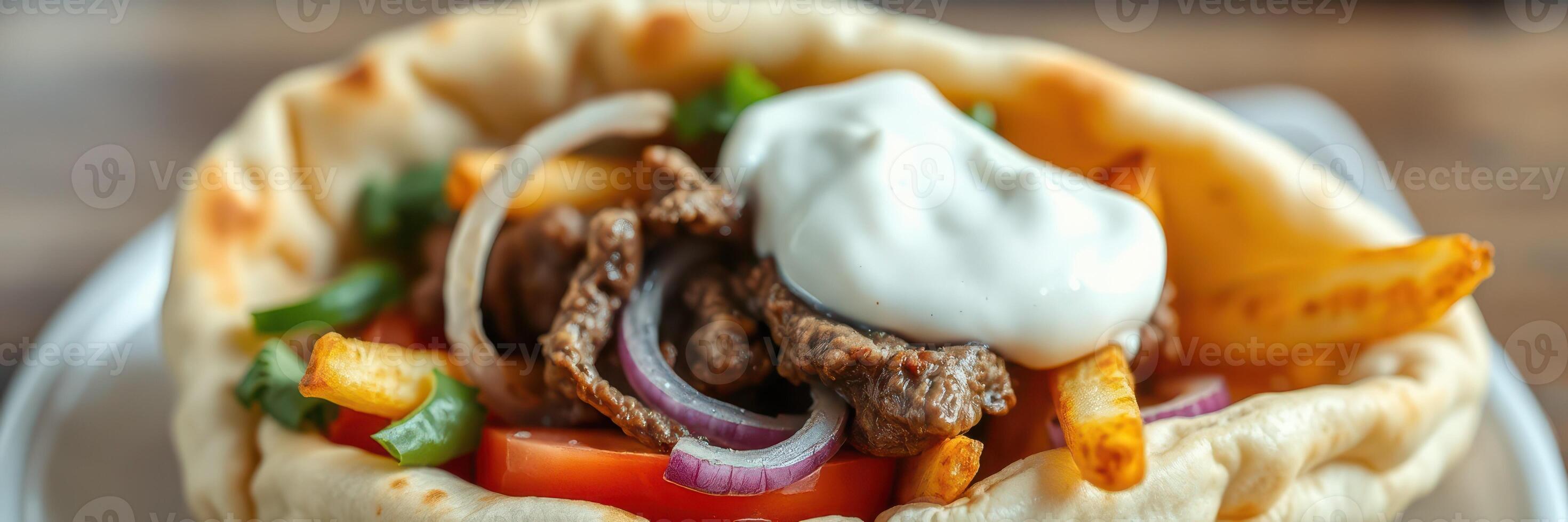 Delicious shawarma wrap filled with spiced meat, fresh vegetables, and creamy sauce served on a wooden table photo
