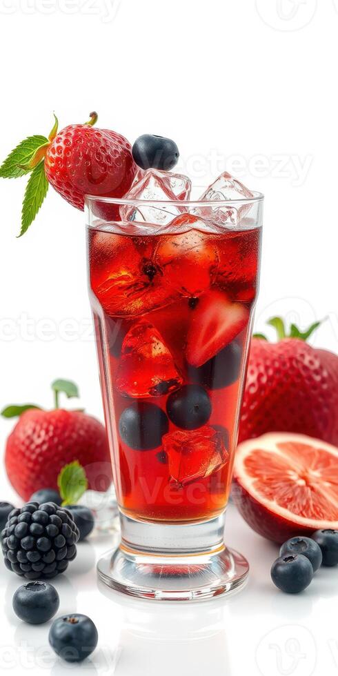 Refreshing berry drink with strawberries, blueberries, and ice on a white background photo