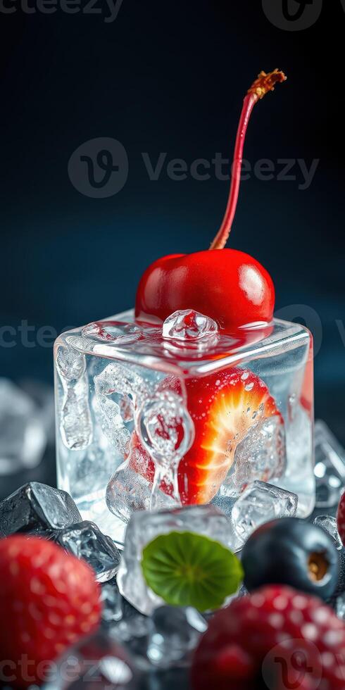 Fresh fruit and berry dessert with ice and a cherry on top presented beautifully photo