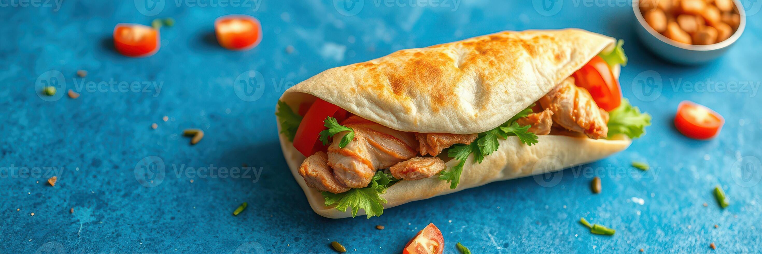 Delicious chicken wrap with fresh vegetables on a vibrant blue background at a casual dining setting photo