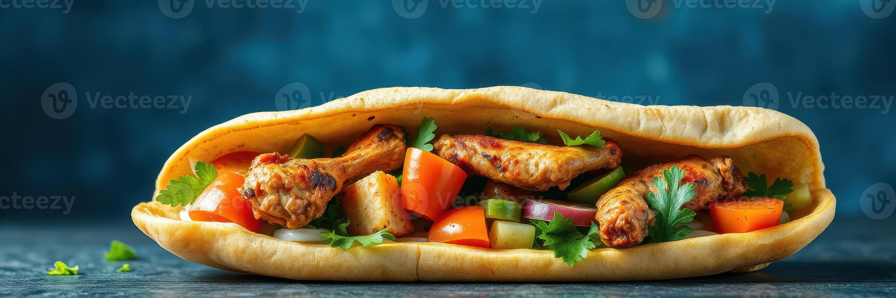 Tasty flatbread wrap filled with chicken and fresh vegetables against a textured blue background photo