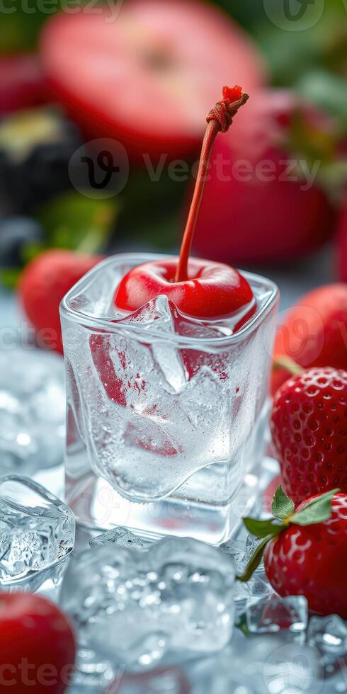 Red cherry resting on ice in a clear glass with fresh strawberries surrounding it in a vibrant setting photo