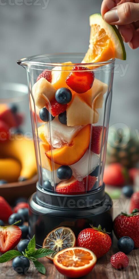 Bright and colorful fruit layers in a blender preparing a refreshing smoothie in a kitchen setting photo