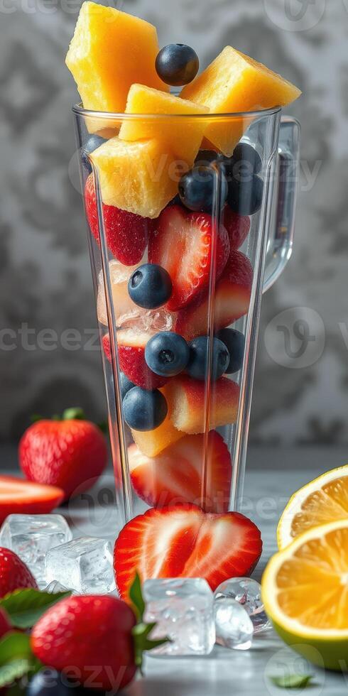 Fresh fruit blend with strawberries, blueberries, and pineapple in a tall glass for a refreshing summer drink photo