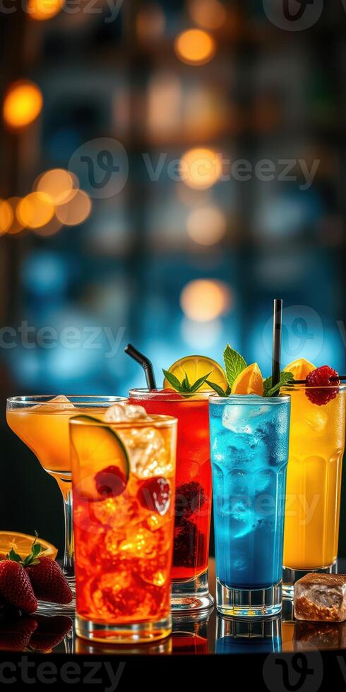 Colorful array of tropical cocktails showcased at a bar during an evening gathering photo