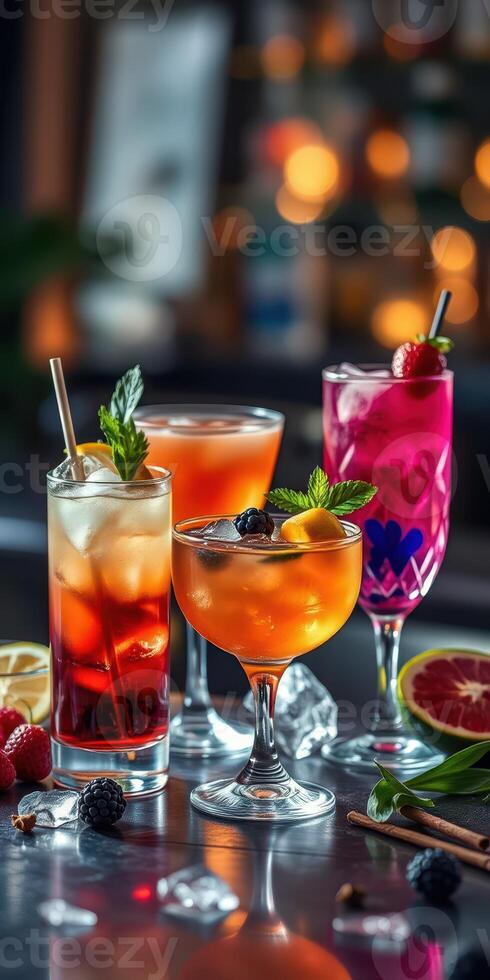 Colorful cocktails served in elegant glasses at a vibrant bar during an evening gathering photo