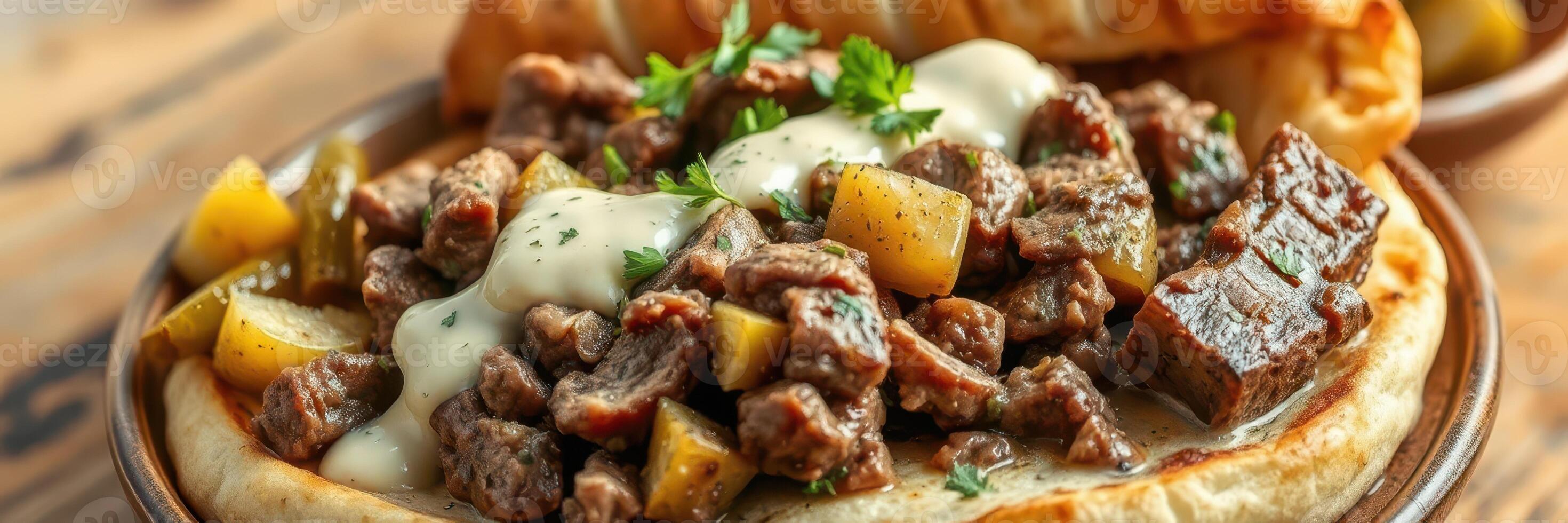 Traditional dish featuring tender beef chunks and vegetables served on flatbread with a creamy sauce photo
