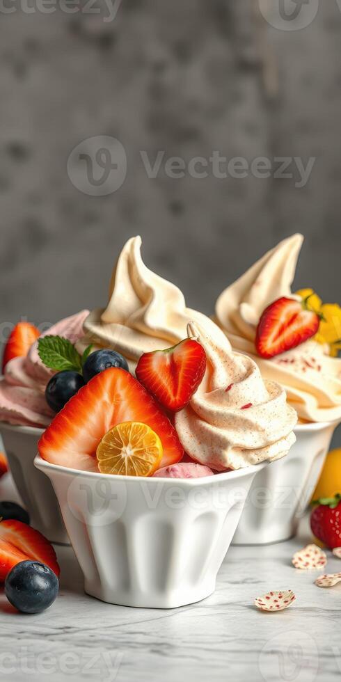 Delicious soft serve ice cream topped with fresh fruits in elegant bowls at a summer gathering photo