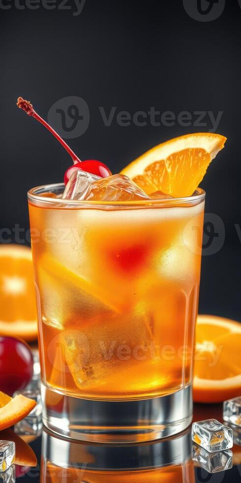 Refreshing cocktail garnished with cherry and orange slices fills a glass with ice cubes and vibrant colors photo