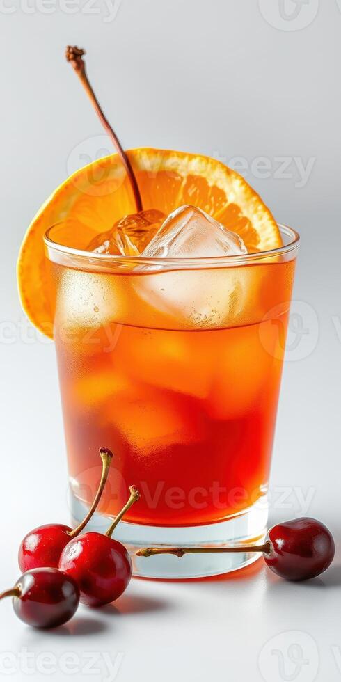 Refreshing cocktail with orange slice and cherries on a light background perfect for summer gatherings and celebrations photo