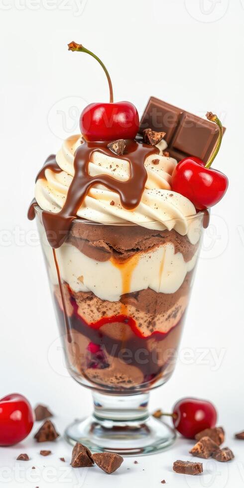 Delicious dessert featuring layers of chocolate, whipped cream, and cherries served in a glass cup photo