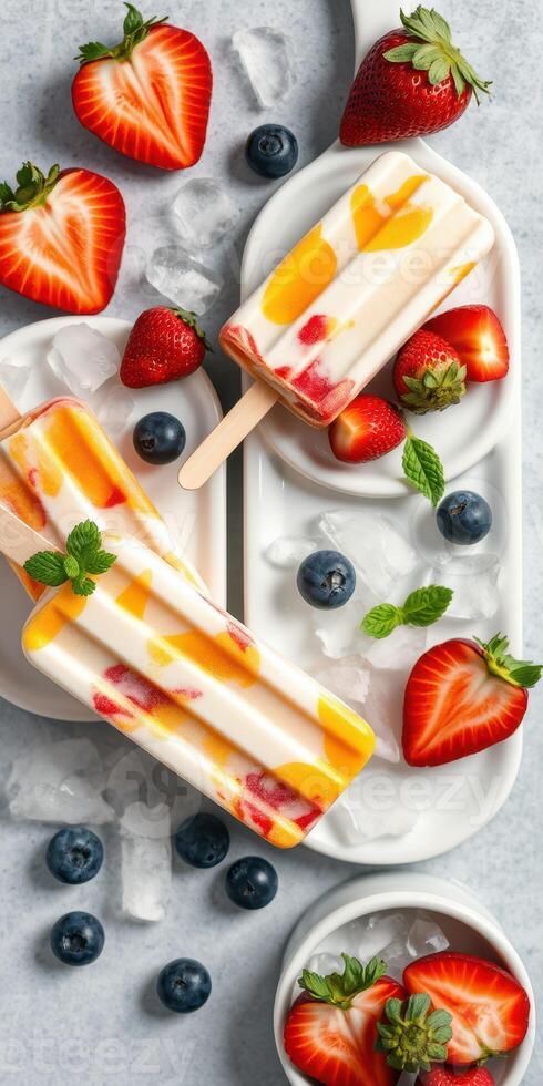 Refreshing summer fruit popsicles with strawberries and blueberries on a marble surface photo