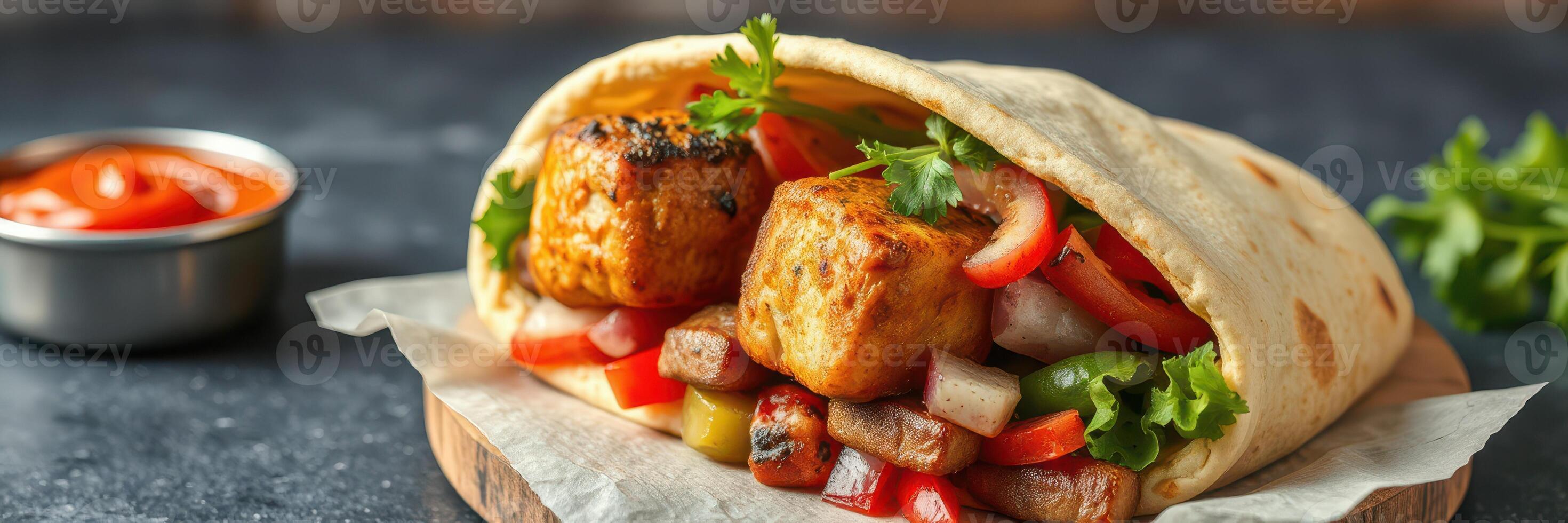 Flavorful wrap filled with grilled tofu, fresh vegetables, and spicy sauce served on a rustic table photo