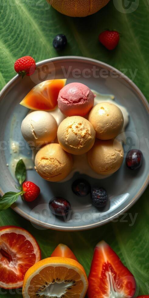 Colorful scoops of ice cream arranged artfully on a plate with fresh fruit garnishes in a vibrant setting photo