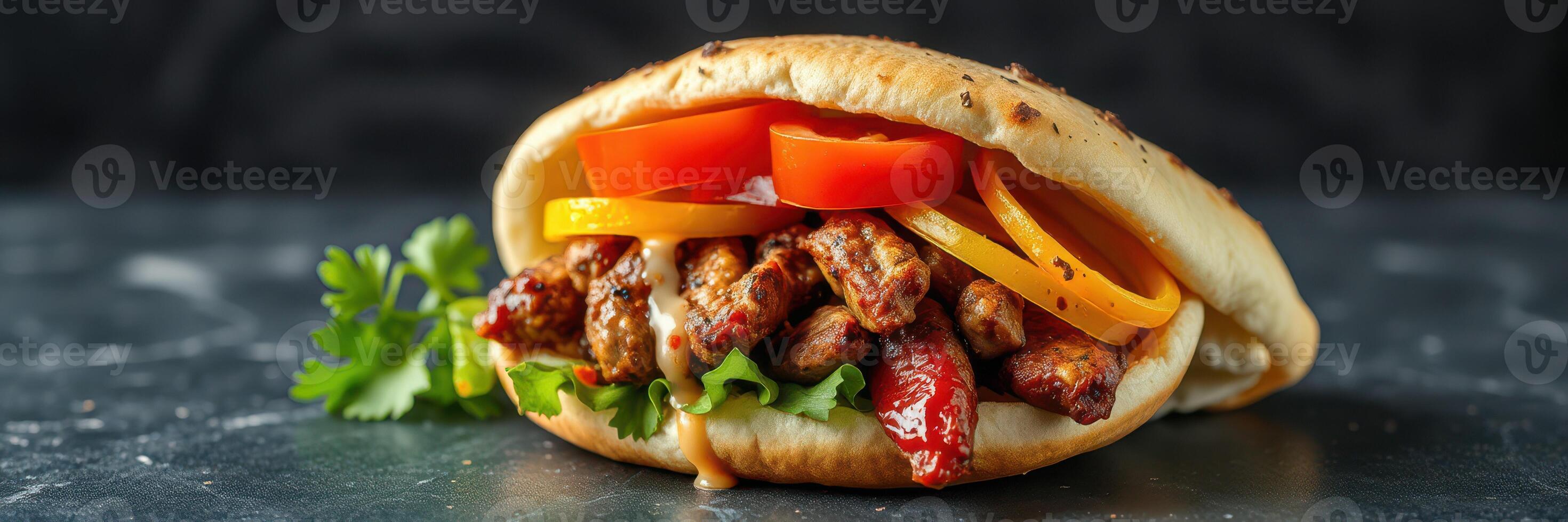 Delicious grilled meat wrap with fresh vegetables served on a marble countertop photo